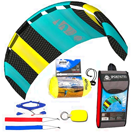 HQ Power Kites, Prism, WindBone HQ Symphony Beach III 1.8 Kite Aqua Bundle (3 Items) + Prism 20ft Tube Tail + WindBone Kiteboarding Lifestyle Key Fob & Stickers