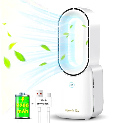 Misby Desk Fan, Rechargeable Battery Powered or USB-Powered Bladeless Fan,11.8 Inch Portable Fan, 3-Speed Table Fan with 5-Color Touch Control Leds Light, White Low Power Fan for Home, Office, Bedroom