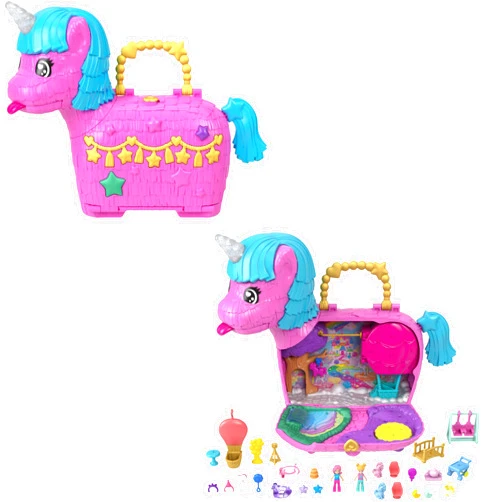 Polly Pocket Dolls & Playset with Pets & 25+ Surprise Accessories, Birthday Celebration Unicorn Partyland Playset, Hot Air Balloon Ride