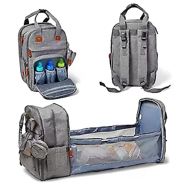 Fireflyt Innovations FIREFLYT Diaper Bag Backpack - Travel Portable Folding Changing Station, Insulated Bottle, Pacifier Case, Multipurpose Baby Bag, Cushioned Changing pad, Foldable Bed, Grey Bottle Bag, Baby Must Haves