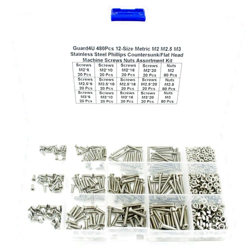 Guard4U 480Pcs 12-Size Metric M2 M2.5 M3 Stainless Steel Phillips Countersunk/Flat Head Machine Screws Nuts Assortment Kit