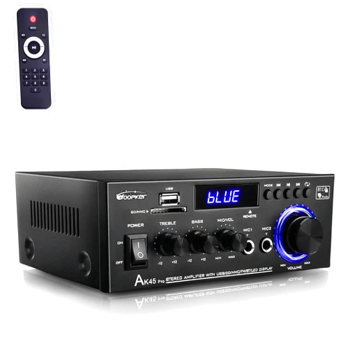WOOPKER AK45 Pro Amplifier Home Audio Stereo Receivers with Bluetooth 5.0,Max 400W,2.0 Channel Stereo Amplifier System for Home Theater Speakers, Karaoke,Garage,Home Amp with USB,SD,RCA,2 MIC in