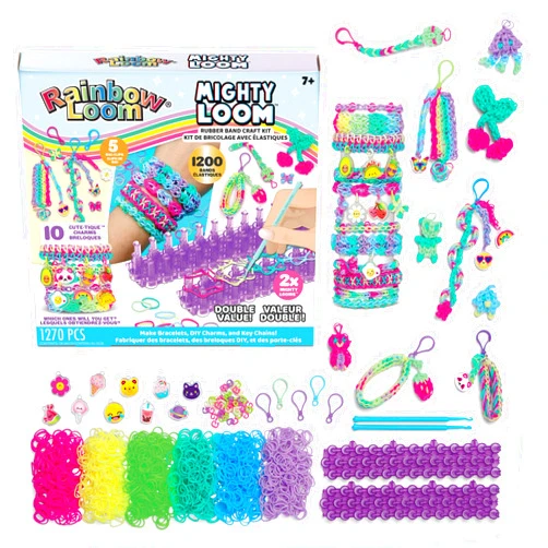 Rainbow Loom: Mighty Loom - 1200+ Piece Rubber Band Bracelet Making Kit, Craft DIY Jewelry & Keychains, 2 Mighty Looms, 10 Cute-Tique Charms, Kids 7+