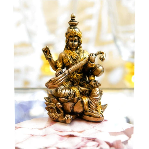 Ebros Gift Ebros Eastern Enlightenment Vastu Hindu Beautiful Goddess Saraswati Seated On Lotus Flower Throne Playing Veena Guitar Miniature Figurine 2.75