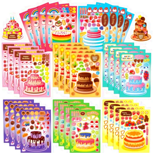 QUVIAE 32 Sheets Make Your Own Cake Stickers Make-a-face Birthday Cake Stickers Mix and Match Sweets Dessert Cupcake and Fruit Treats Party Favor Supplies for Kids Ice Cream Sticker Games DIY Art Crafts