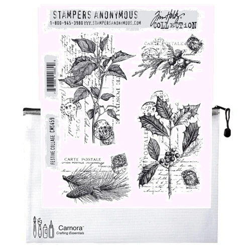Tim Holtz Stampers Anonymous Cling Stamps, Festive Collage, (CMS459), October 2022 Winter Holiday Christmas Release, Carnora Storage Mesh Bag, Bundle of 2 Items