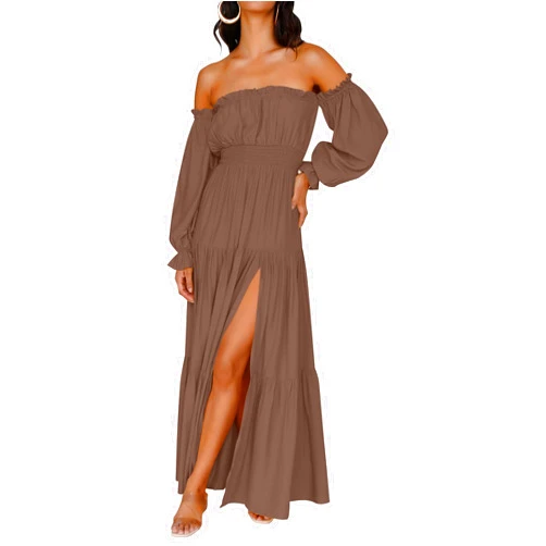 ZESICA Women's 2024 Boho Sexy Off Shoulder Long Sleeve Smocked High Waist Side Split Flowy A Line Tiered Long Maxi Dress