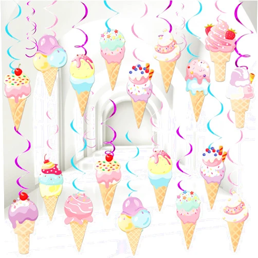 CHUNNIN 58Pcs Ice Cream Party Hanging Swirls Ice Cream Birthday Party Decoration Summer Ice Cream Theme Ceiling Streamers Colorful Swirl Dessert Cone Streamers for Summer Holidays Baby Shower Supplies