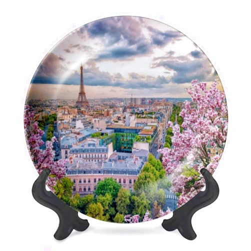 DISAOODANK Decorative Plates Paris City Springtime Wall Decor Ceramic Ornament with Display Stand and Hook Up for Festival, Parties, Wedding 8