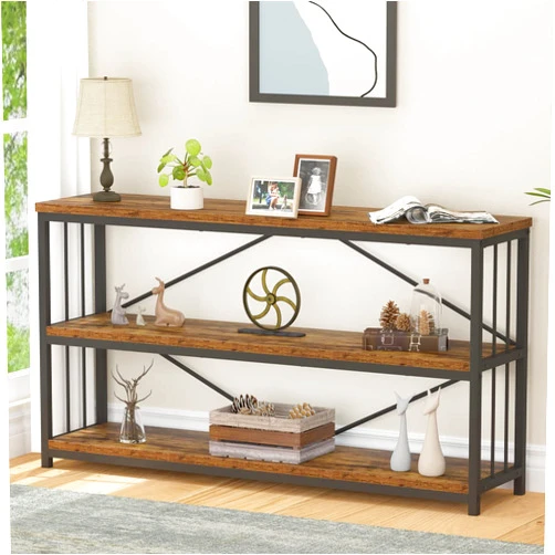 LVB Industrial Console Entryway Table, Metal Wood Rustic Sofa Table with Storage, Farmhouse 3 Tier Shelf Long Hallway Foyer Entry Tables Behind Couch for Home Living Room Entryway, Rustic Brown, 55 In
