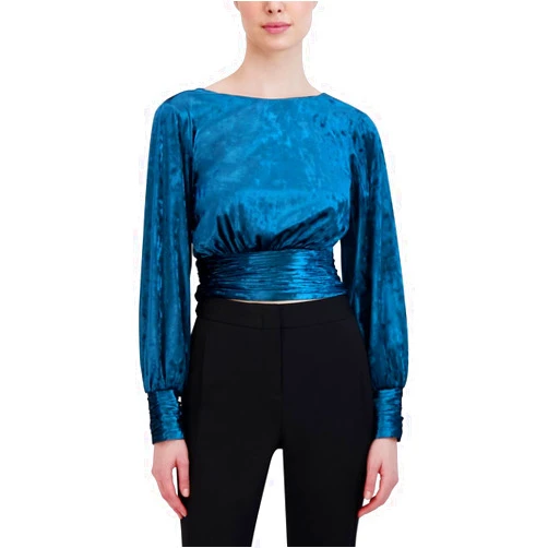 BCBGMAXAZRIA Women's Blouson Long Bishop Sleeve Top Boat Neck Shirred Waistband Cuff Shirt