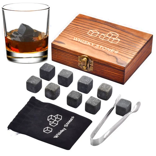 Angde Whiskey Stones, Whiskey Stone Gift Set, 9 Granite Whisky Rocks, Burbon Gifts Cool Presents for Men Dad Husband Boyfriend, Unique Anniversary Birthday Wedding Gift Ideas - by Angde