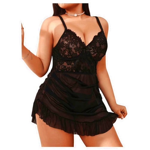 SOLY HUX Women's Plus Size Lingerie Set Lace Mesh Sheer Ruffle Mini Dress Babydoll Chemise with Panties