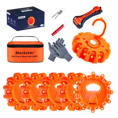 Markstor 4-6-8 Pack LED Road Flares Emergency Car Kit 9 Flash Roadside Emergency Flares For Vehicle Beacons Disc With Whistle,Glove,Hammer (No Battery) (6 Pack)