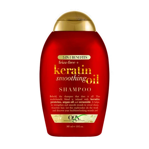 OGX Frizz-Free + Keratin Smoothing Oil Shampoo, 5 in 1, for Frizzy Hair, Shiny Hair, 13 Fl Oz