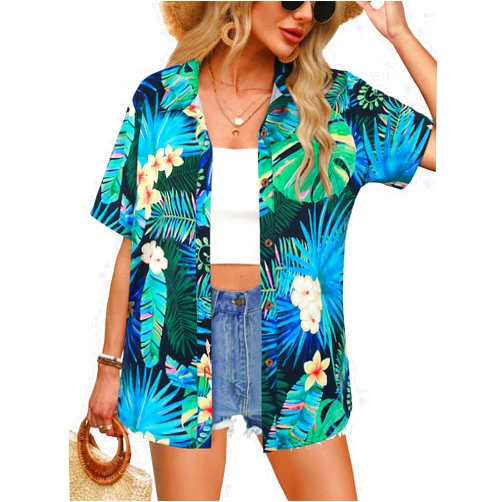 ChainJoy Women's Hawaiian Shirts Short Sleeve Button Down Soft Cool Floral Tropic Print Casual Blouse Tops