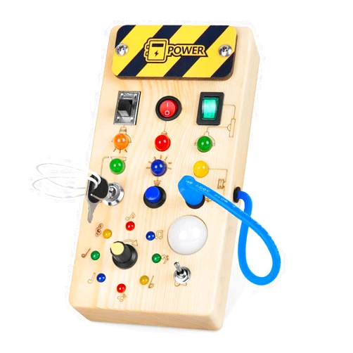 Hoarosall montessori toddler busy board, baby wooden busy board with 8 LED light switches, sensory toys light switch toys travel toys for 1+ year old baby and toddler