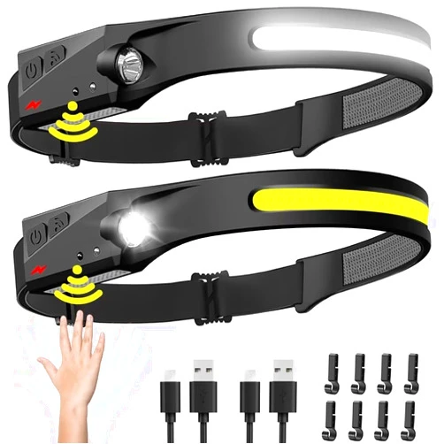 BIAT Headlamp Rechargeable 2PCS, 230° Wide Beam Head Lamp LED with Motion Sensor for Adults - Camping Accessories Gear, Waterproof Head Light Flashlight for Hiking, Running, Repairing, Fishing, Cycling