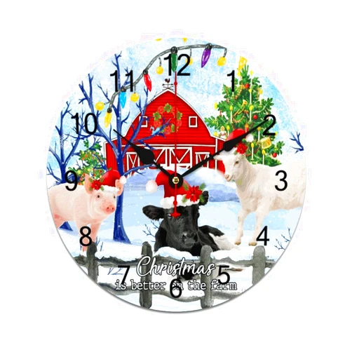 LetusZhogo Christmas is Better on The Farm Wooden Clock Merry Christmas with Farm Animals Wood Wall Clocks Winter Clock Silent Battery Operated Round Clock for Bedroom 12 Inch New Year Gift