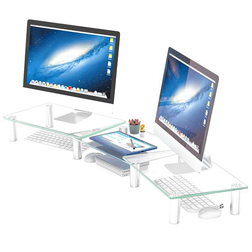 Hemudu Dual Monitor Stand -Adjustable Length and Angle Dual Monitor Riser, Desktop Organizer for PC, Computer, Laptop (Clear)