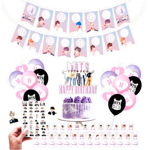 Simma Co Kpop BTS Birthday Party Kit Supplies For Bangtan Boys includes Banner - 1 Cake Topper - 24 Cupcake Toppers - 16 Balloons - 40 Stickers