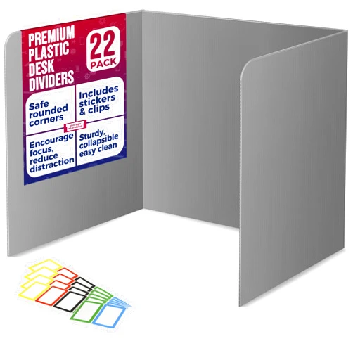 Storage Standard 22-Pack Desk Dividers for Students - Waterproof & Durable Plastic Privacy Shield Divider, Classroom Folders Teacher Supplies, Easy-to-Clean Plastic Study Carrel Folder Boards for Student Desks, Grey