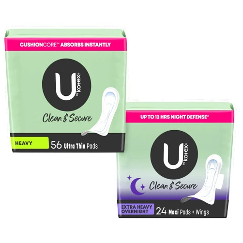U by Kotex Clean & Secure Period Kit: Ultra Thin Pads, Heavy Absorbency, 56 Count and Overnight Maxi Pads with Wings, Extra Heavy Overnight Absorbency, 24 Count (2 Packs of 12) (Packaging May Vary)