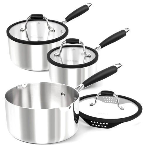 MICHELANGELO Triply Stainless Steel Saucepan Set with Strainer Lid, Heavy-duty Sauce Pan with Lid, Multipurpose Sauce Pot Induction Compatible - 1QT & 2QT & 3QT