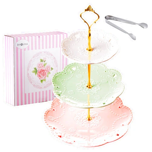 Jusalpha 3-Tier Porcelain Cake Stand-Dessert Stand-Cupcake Stand-Tea Party Serving Platter (3 Color-Gold)