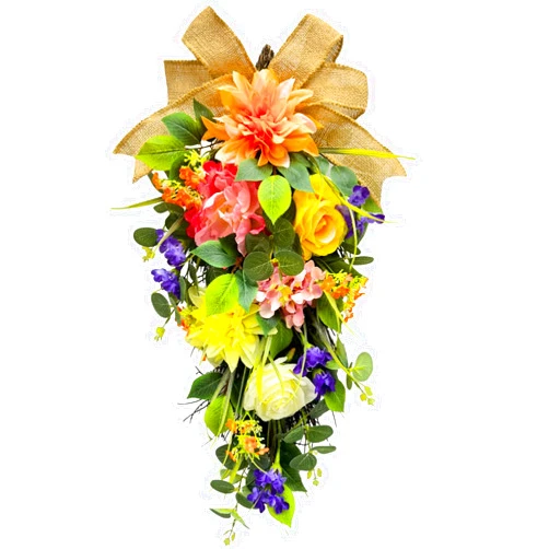 Svndlyn Spring Summer Floral Teardrop Swags Lighted Mixed Flower Teardrop Wreath with Dahlia Pinnata Peonies Rose Burlap Bow and Eucalyptus Leaves Floral Arrangement for Door Wall Mantel Window