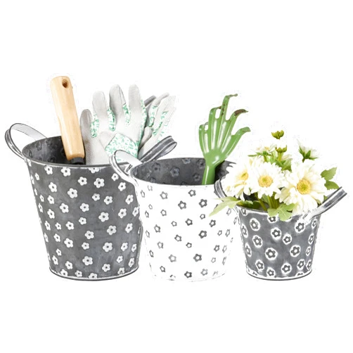 Primitives by Kathy 117058 Daisies Decorative Metal Bucket Set, White, Gray