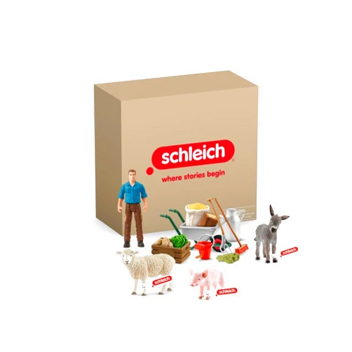 Schleich Farm World - 19PC Animal Feeding Playset with Piglet, Sheep, Donkey Figurines - Farmer Action Figure with Wheelbarrow and Tools - Durable Barnyard Toys for Imaginative Play - Kids 3+ | 72287