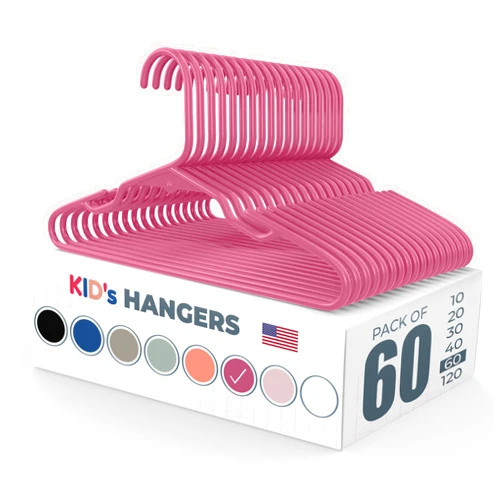 Neaties 60pk Made in USA Baby Hangers | Kids Hangers for Children's Clothes, Toddler Outfits and Clothing | 20 50 100 Pack Available | Kid Plastic Hanger for Closet and Nursery | Child Kid Hangars (Pink)