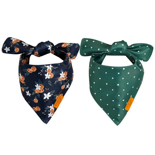 Remy+Roo Dog Bandanas - 2 Pack | Evergreen Christmas Dog Bandanas Set | Premium Durable Fabric | Patented Shape Bandanas for Dogs | Adjustable Fit (Small, Clementine)