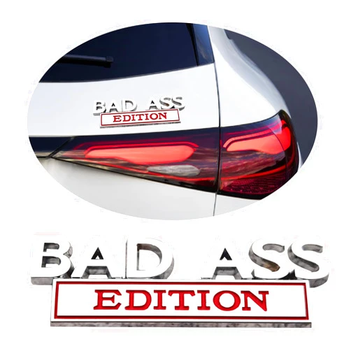 Coppialu Car Modification Label, Bad Ass 3D Fender Badge Decal Car Sticker, Car Funny Modification Label Decal, Car Fender Bumper Sticker Body Sticker Fit for Universal Vehicle (Silver &Red)