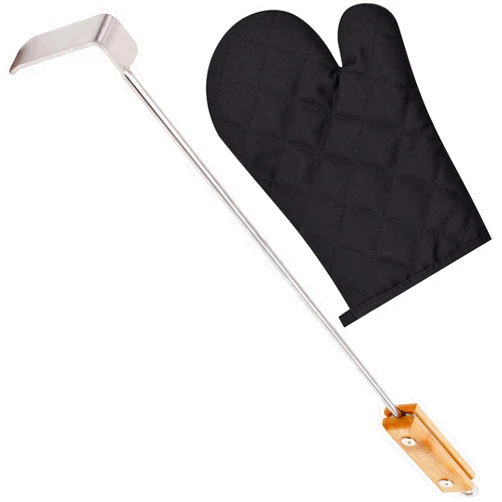 V+W Goods 17” BBQ Ash Tool for Charcoal Grills, Big Green Egg Smoker Large & Medium, Kamado Joe, Weber, Primo, Oklahoma Joe, Wood Stove, Pizza Oven, and Fire Pit - Includes 1 Oven Mitt, Silver, AT-17