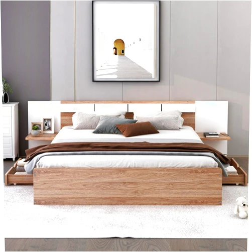 Voqoomkl Queen Size Bed Frame with Headboard and Drawers, Solid Wood Platform Bed with Shelves, USB Ports and Sockets, Queen Platform Bed for Bedroom, No Box Spring Needed, Natural