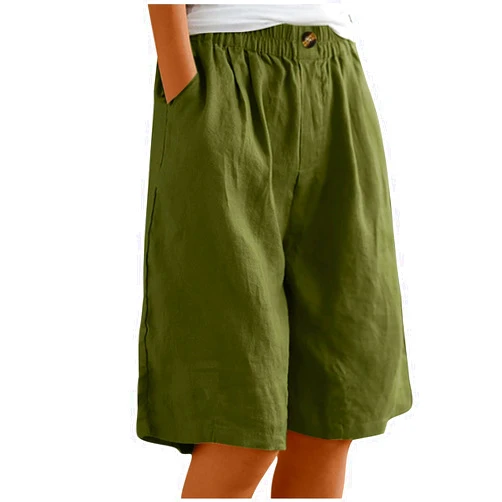 Bawilom Cotton Linen Shorts for Women Loose Fit Knee Length Bermuda Shorts Casual Wide Leg Elastic Waist Workout Shorts
