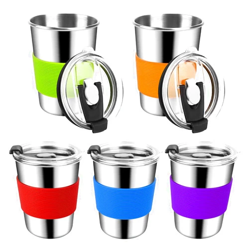 ShineMe 8oz Kids Cups Spill Proof, 5pack Stainless Steel Sippy Cups with Lids and Silicone Sleeves, Reusable Toddler Cups for Hot and Cold Drinks, BPA Free Snack Cups Apply for Indoor/Outdoor