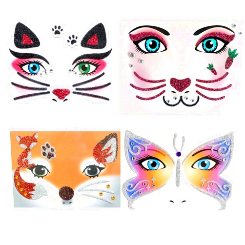 Nirbffo Animal Face Sticker Cat Rabbit Butterfly Fox Floral Festival Body Paint Decoration Stickers for Halloween Stage Performance Face Stickers 4sheets