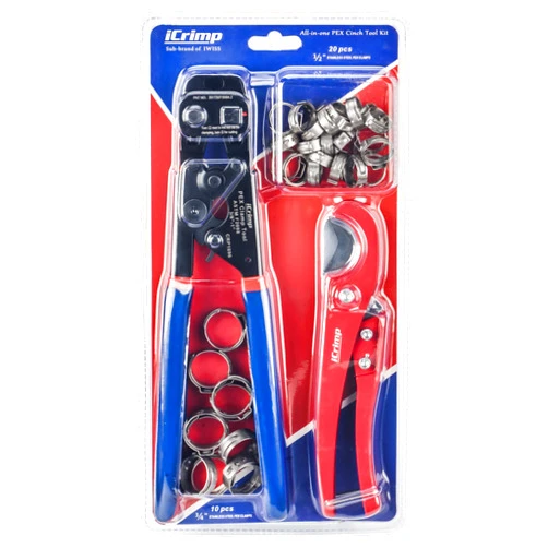 iCRIMP Ratchet PEX Cinch Tool with Removing function for 3/8 to 1-inch Stainless Steel Clamps with 20PCS 1/2-inch and 10PCS 3/4-inch PEX Clamps and Pipe Cutter- All in One