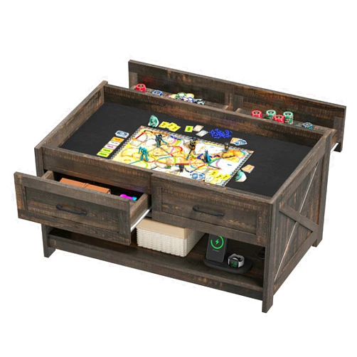 DWVO Board Game Table Living Room: 3-in-1 Game & Puzzle Table with Play Mat, 4 Drawers, Power Outlet, Removable Top (Dark Oak)