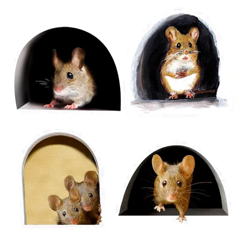 JIESWMY 3D Mouse Hole Realistic Wall Sticker,Mouse in a Hole Wall Decal Fun Art,Home Decor,Vinyl,for Living Room Nursery Bedroom Kids Room Wall Decoration (4 Pieces/Set)