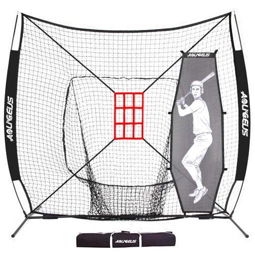 AOLIGEIJS 7'X7' Baseball Softball Practice Net,Pitching Net,Batting Net,with Baseball Tee,Bonus Strike Zone and Bow Frame,for Hitting,Pitching, Catching