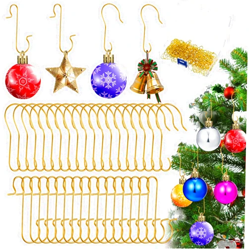 Cindeer 200 Pieces Christmas Ornament Hooks Bulk 1.6 Inch Metal Xmas Tree Ornament Hangers C and S Shaped Ornament Hooks with Storage Box for Christmas Tree Ornaments Hanging Decorations (Gold)