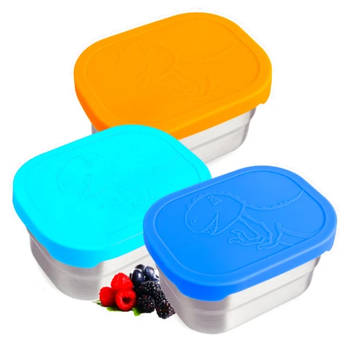 JOIAHAUS Set of 3 Stainless Steel Kids Lunch Box Containers - Handy, Leakproof 8oz Food Storage Containers with Lids - Fun Dinosaur Design for Snacks & Lunches at Daycare/School - Ages 3+, Blue & Orange