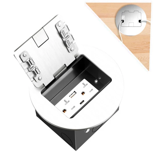 Vagueior Recessed Floor Electrical Outlet Kit, Circular Hidden 4.8A USB A & Type C Charg,20 Amp Tamper-Resistant Receptacle Outlet ，Waterproof Electrical Outlet Covcer Box, ETL Certified,Silver