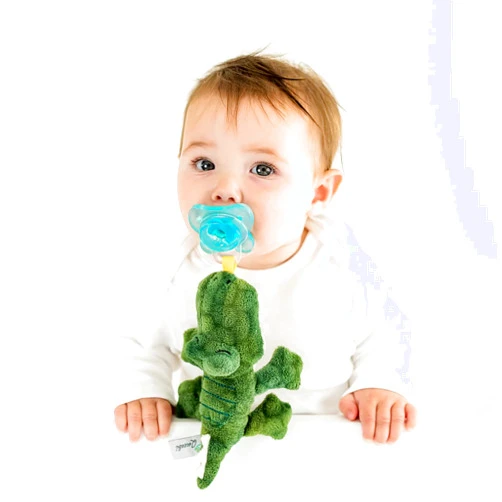 Queebi PaciBuddy Crocodile Pacifier Holder - Plush Toy with Detachable Pacifier & Universal Adapter, Gender Neutral Baby Gift for 0+ Months - Infant Plush Baby Toy, Versatile Baby Essentials, Binky