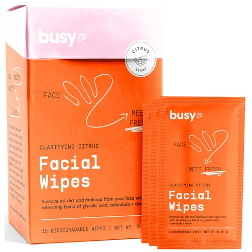 BUSYCO Refresh Line Facial Wipes - Clarifying Cleaning Wipes, Fresh Citrus Moist Towelettes Individually Wrapped - Natural Wipes & Face Wash Cloth for Facial Cleansing w AHA/BHA, Clover & Calendula, 15ct