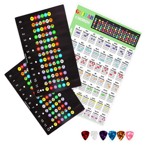 Junlego Guitar Fretboard Stickers, With Guitar Chord Chart,Color Coded Note Decals Guitar Tools For Learner Practice Fit 6 Strings Guitar (2*Stickers+1*Chords Map+6*Picks)